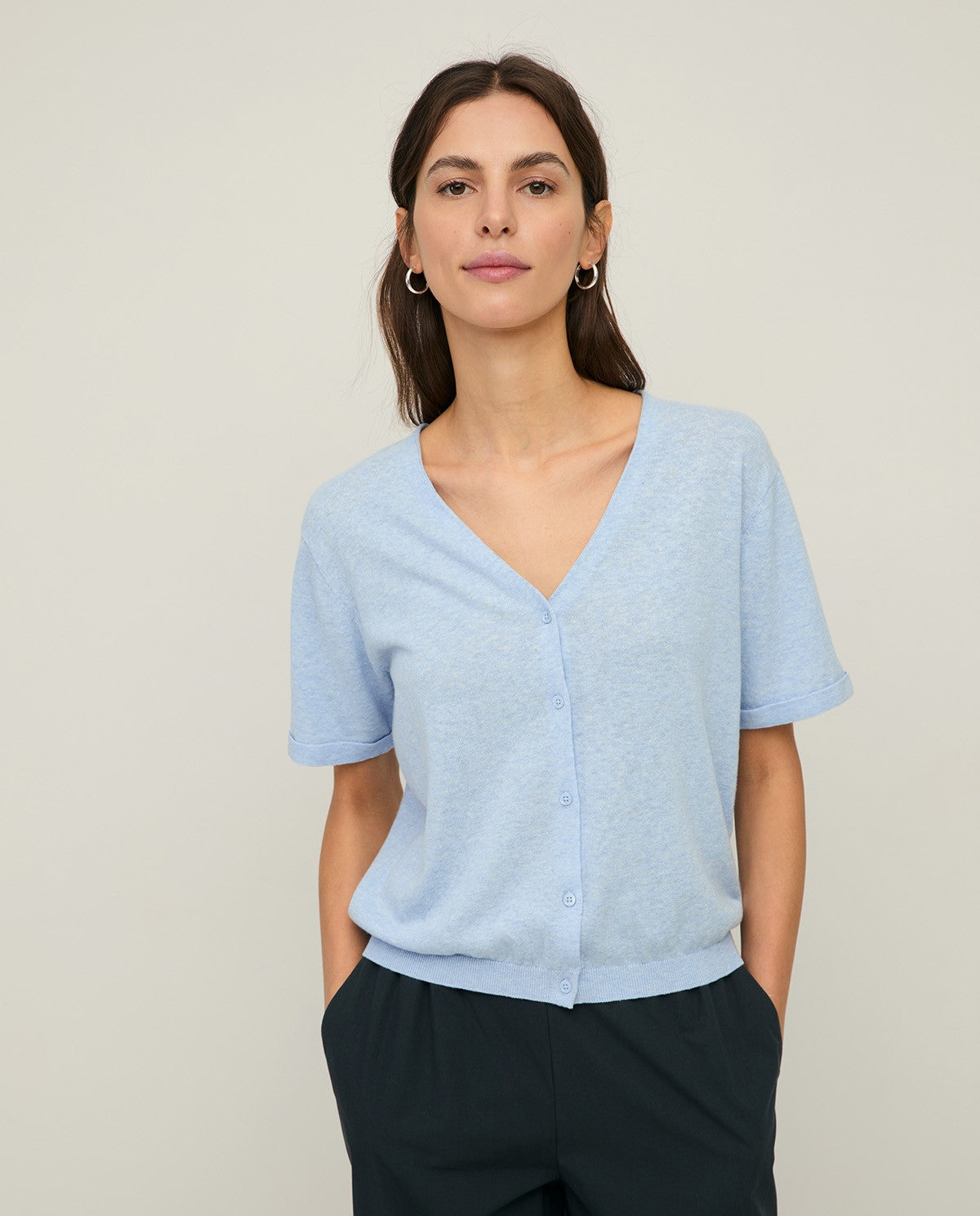 Flax Short Sleeve V-Neck Cardigan