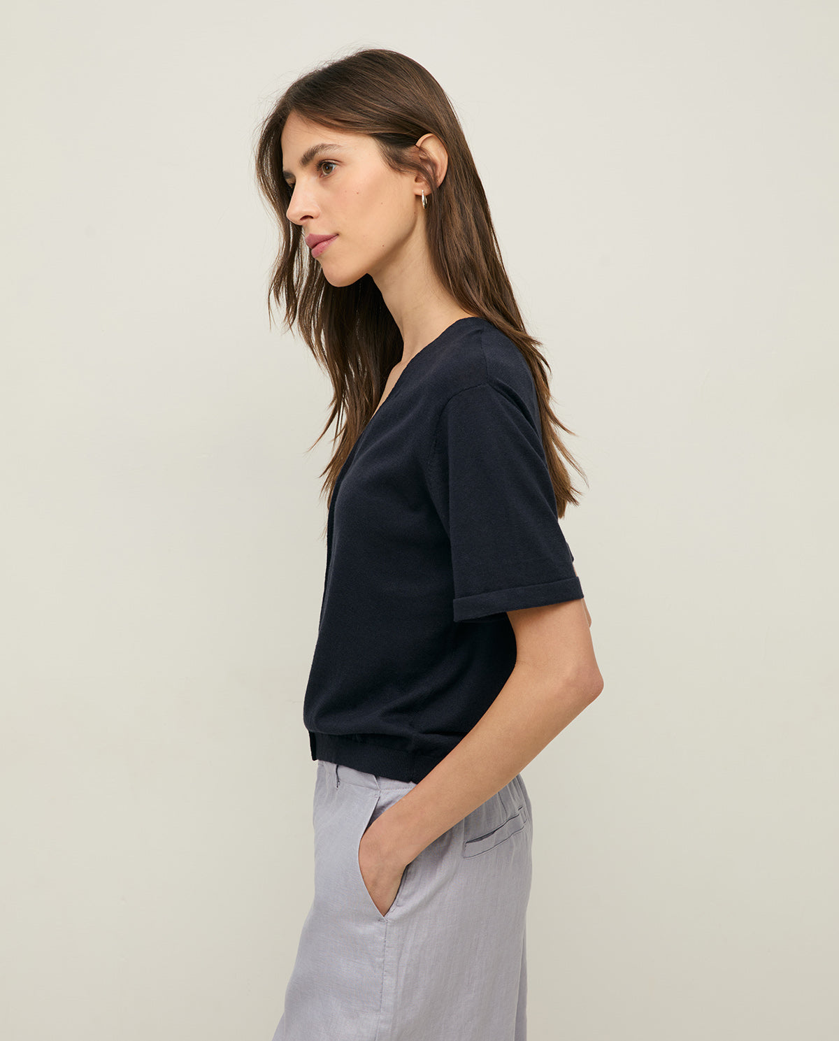 Flax Short Sleeve V-Neck Cardigan