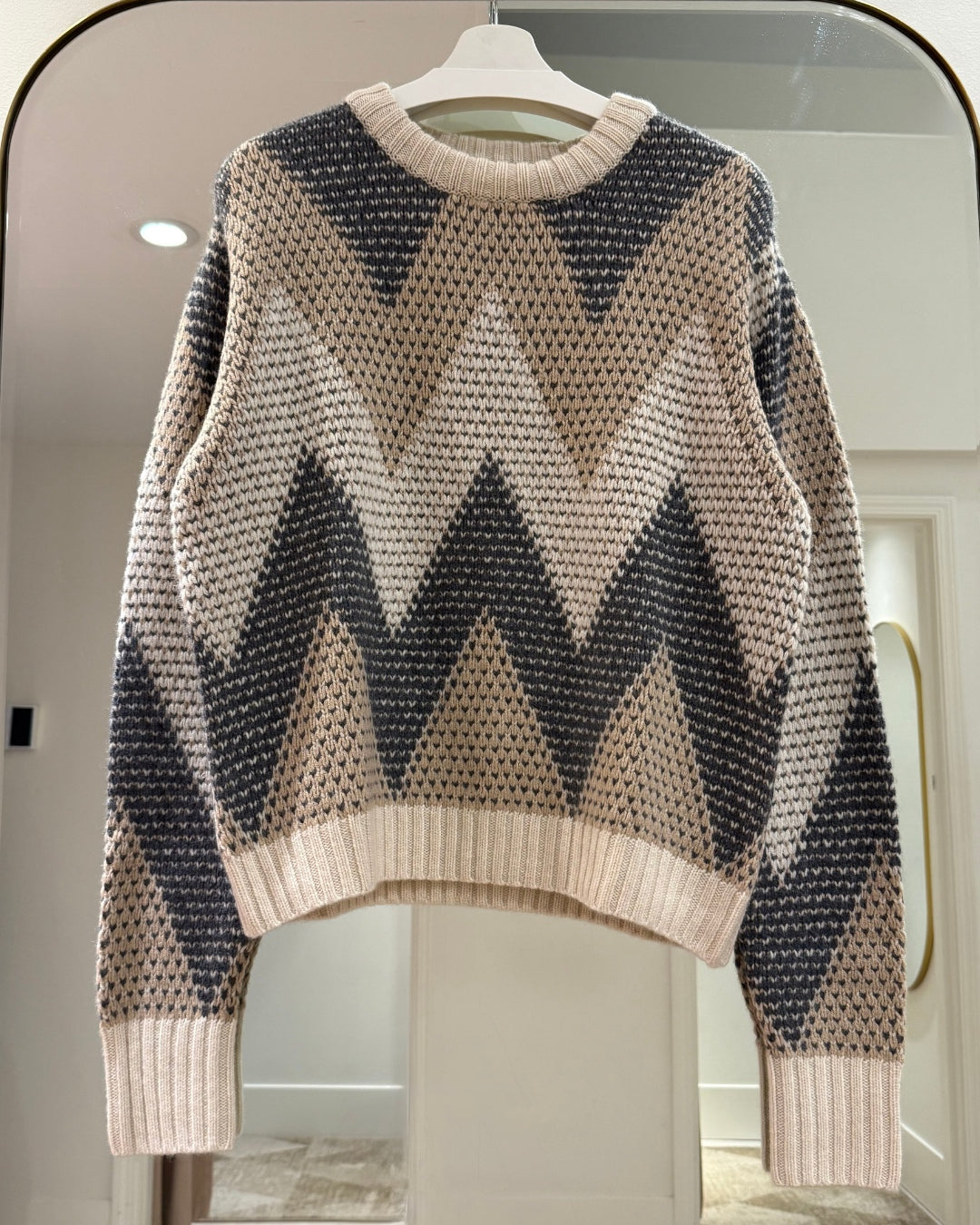 Cashmere Drop Stitch Intarsia Round Neck