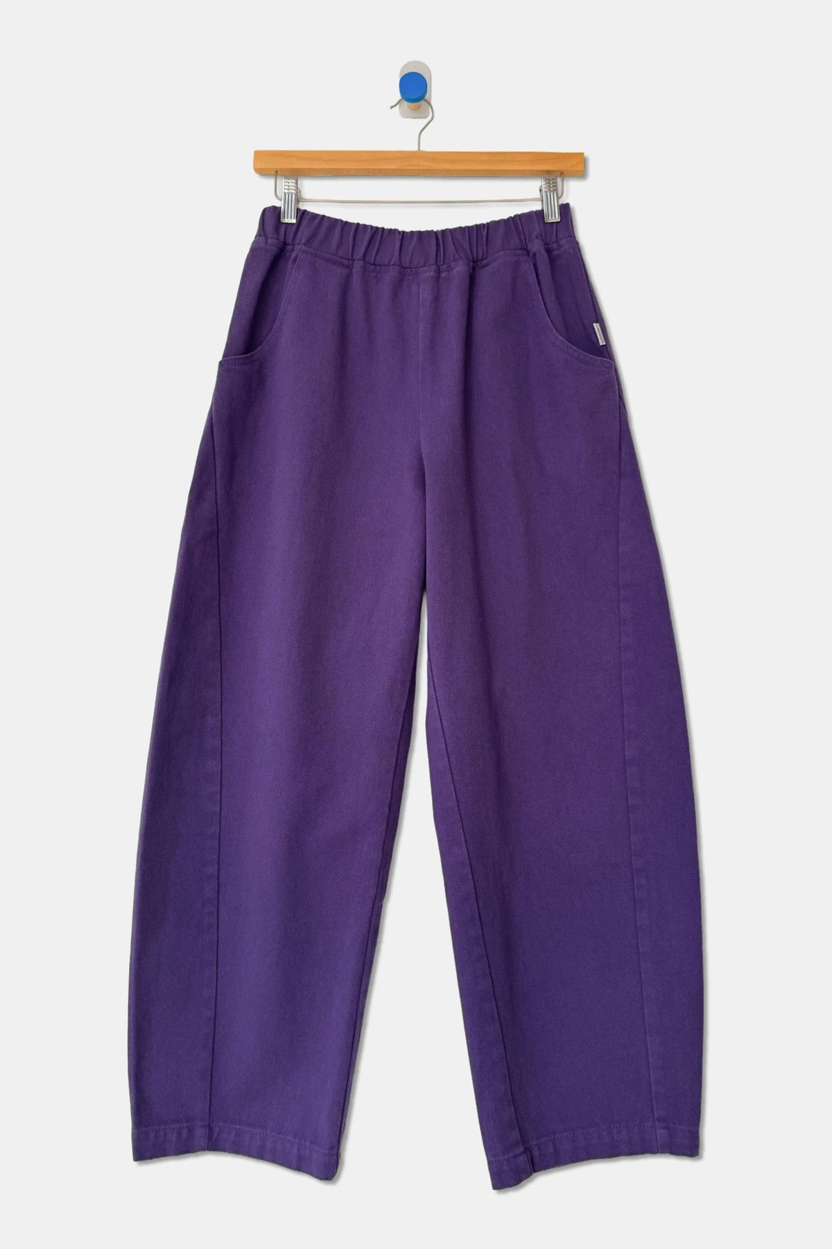 Eggplant purple Arc Pants on a hanger, front view showing elastic waistband, pockets and barrel-shaped legs
