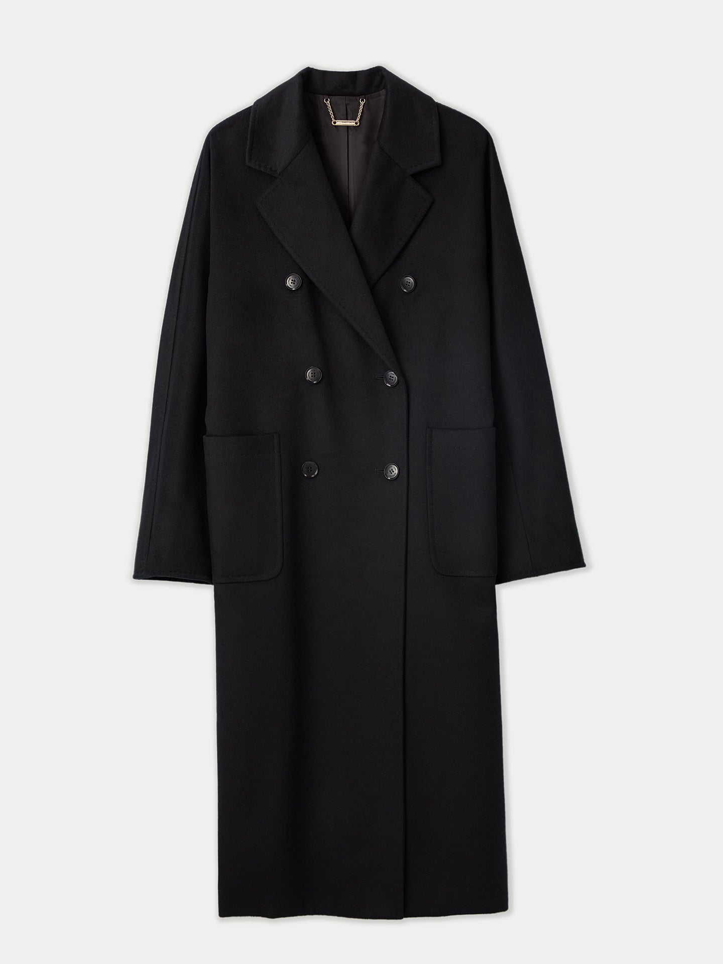 Black cashmere coat with 6 buttons.