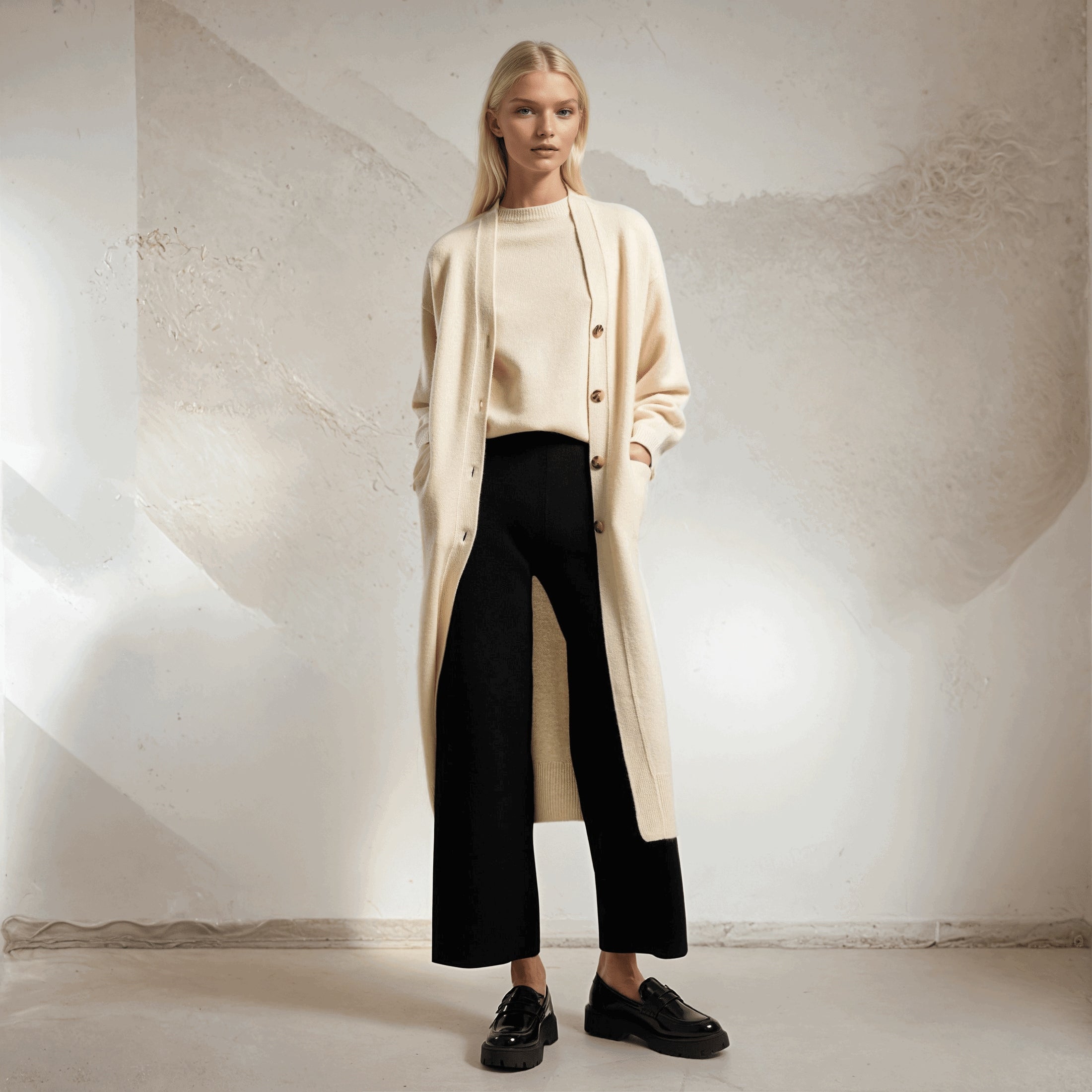 Black cashmere cropped pants worn, highlighting soft texture and modern ankle-length style.