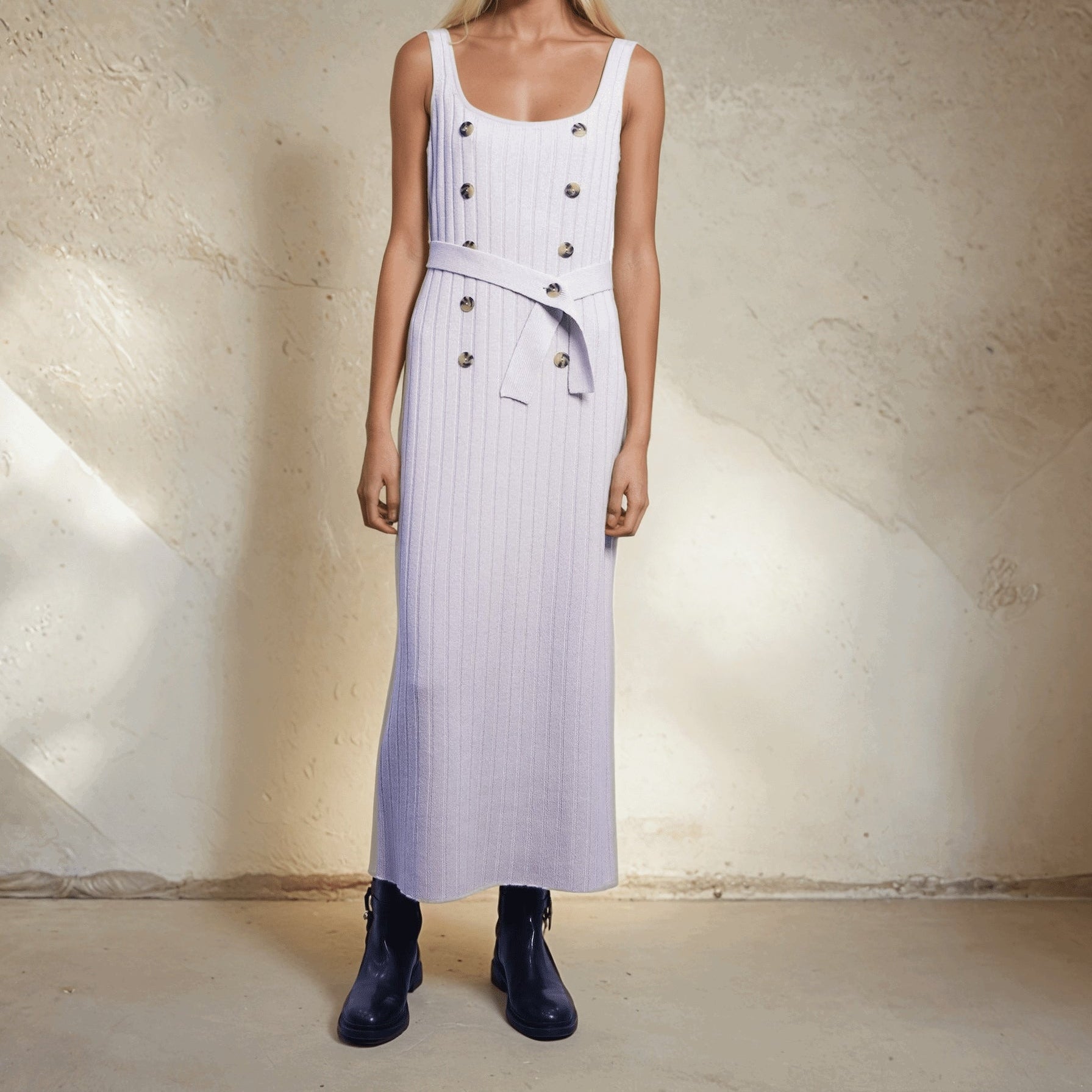 Cashmere Sleeveless Rib Knit long Dress in chalk pink color.