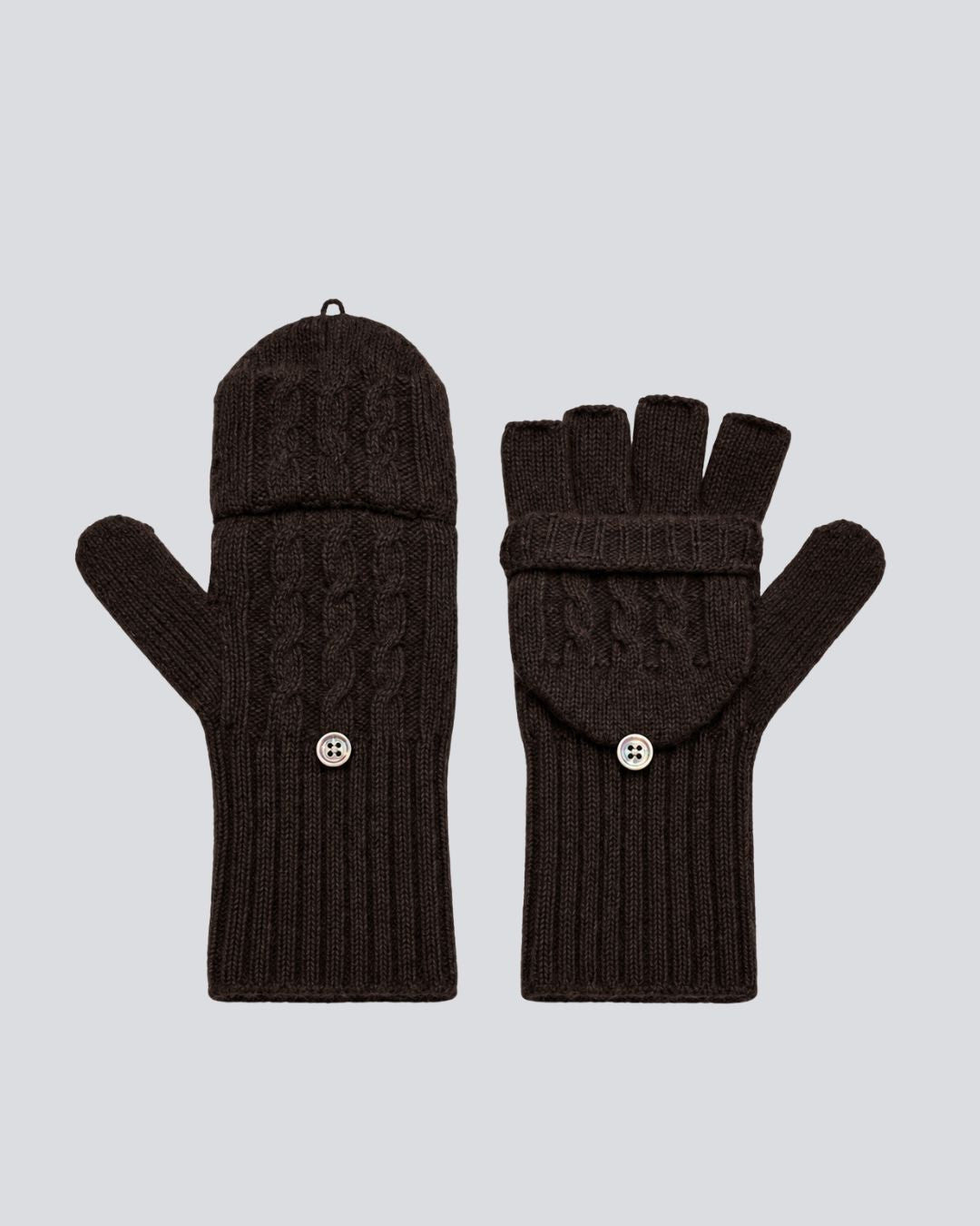 A pair of dark brown cable-knit fingerless gloves with matching knit wrist covers and decorative buttons, displayed flat against a light gray background.