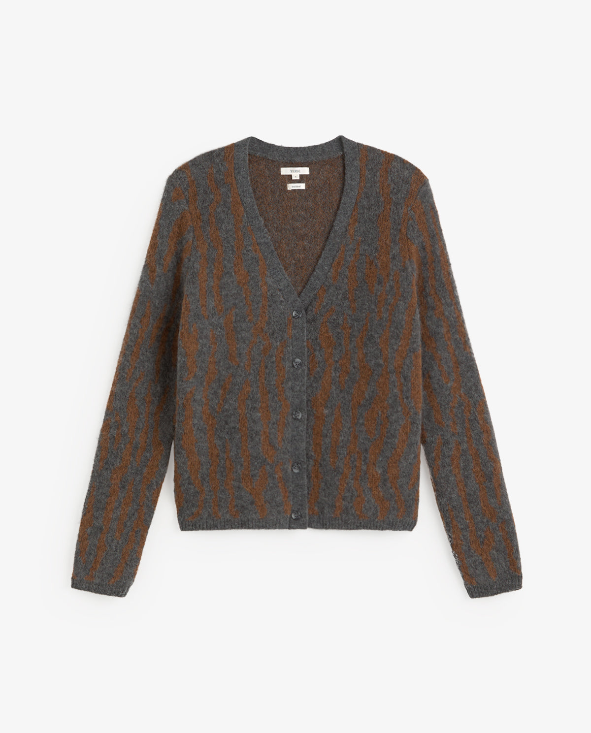 A women's long-sleeve button-front cardigan sweater with a textured vertical wavy pattern in dark gray and rust brown, shown flat on a light gray background.