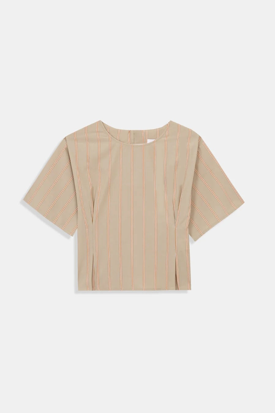 A short-sleeve cropped top in beige with thin vertical peach-pink stripes, displayed flat against a light gray background.