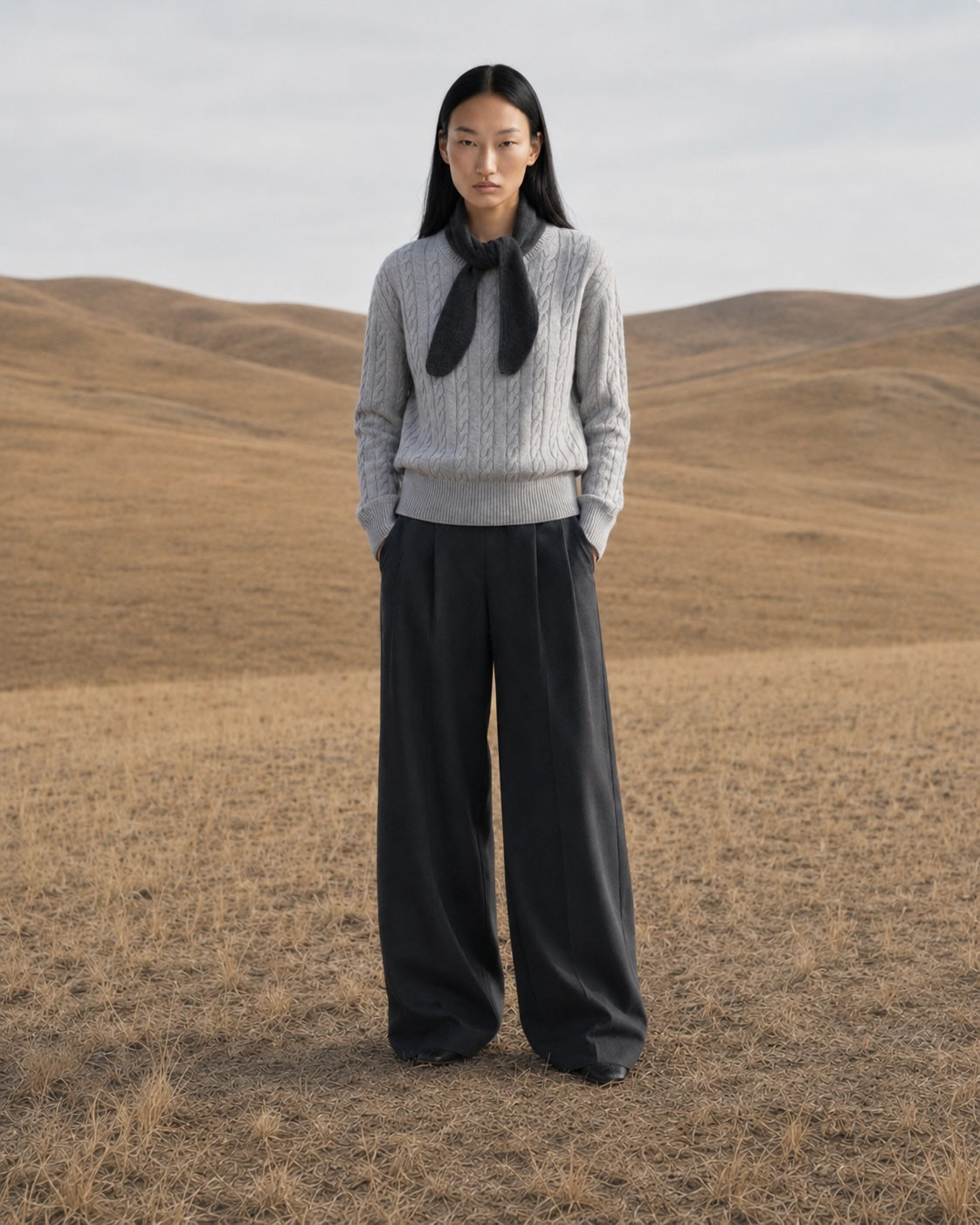A model stands in a dry, rolling grassy field wearing a light gray cable-knit sweater with a black neck bow, paired with dark charcoal wide-leg trousers.