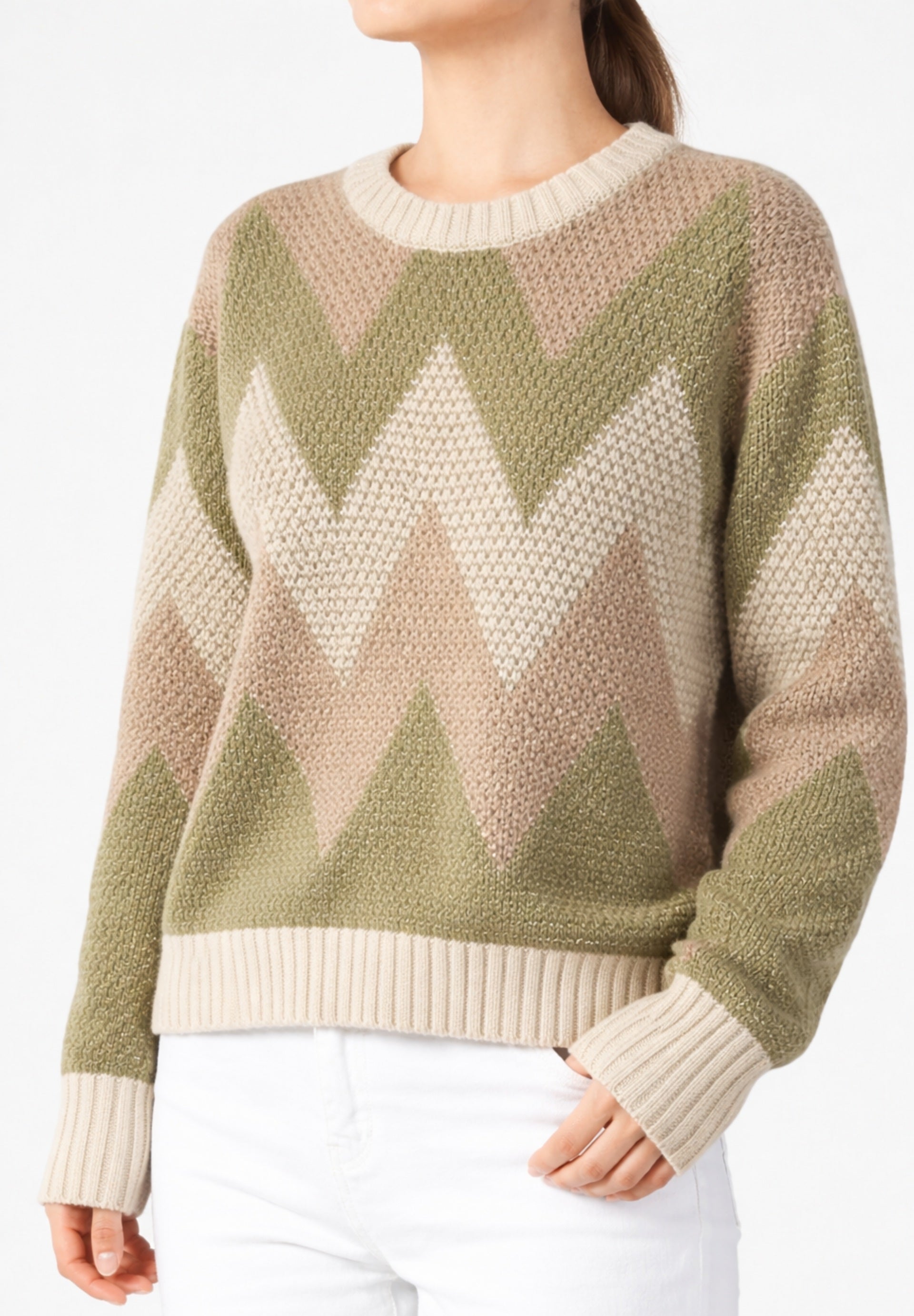 Cashmere Drop Stitch Intarsia Round Neck