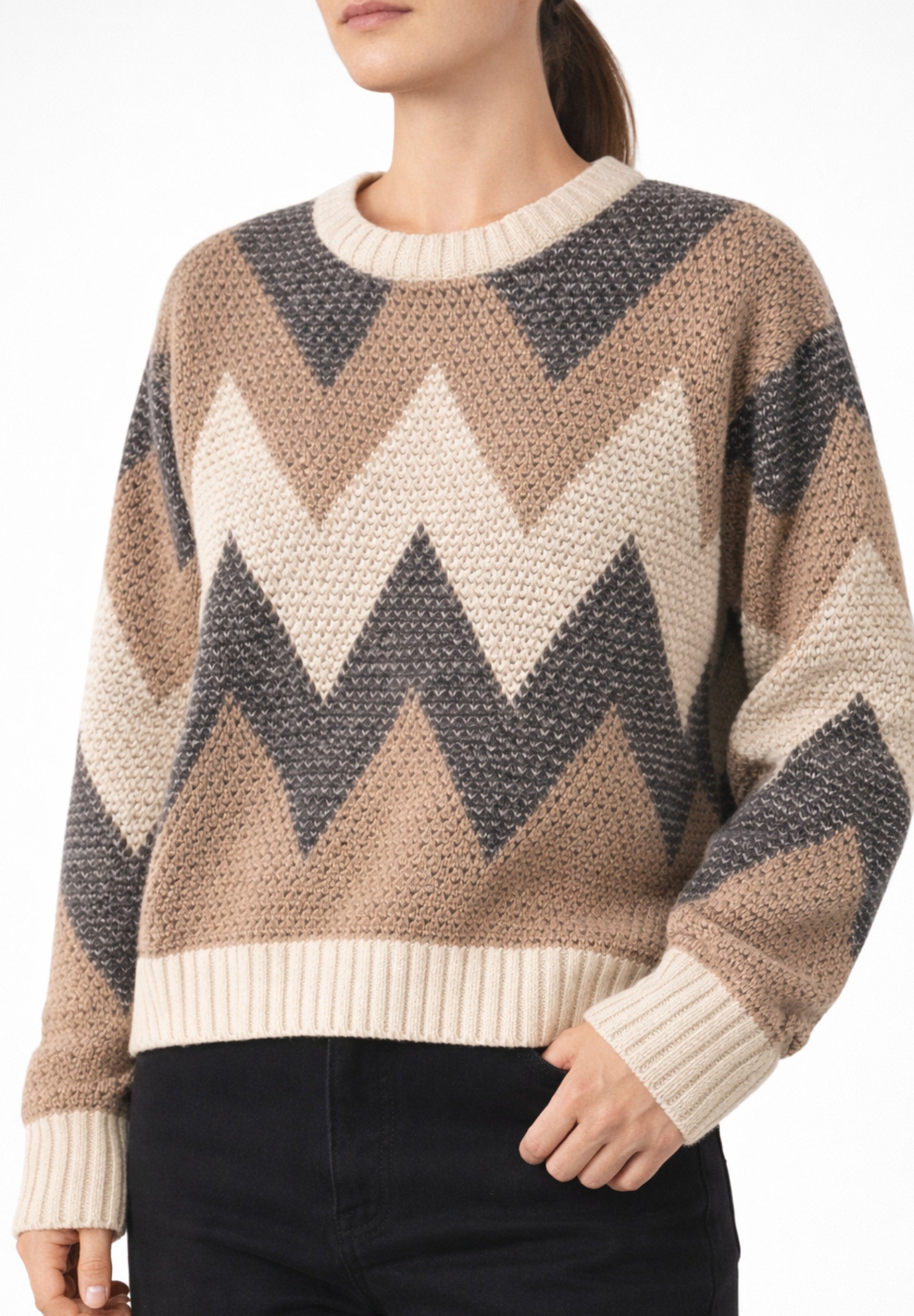 Cashmere Drop Stitch Intarsia Round Neck