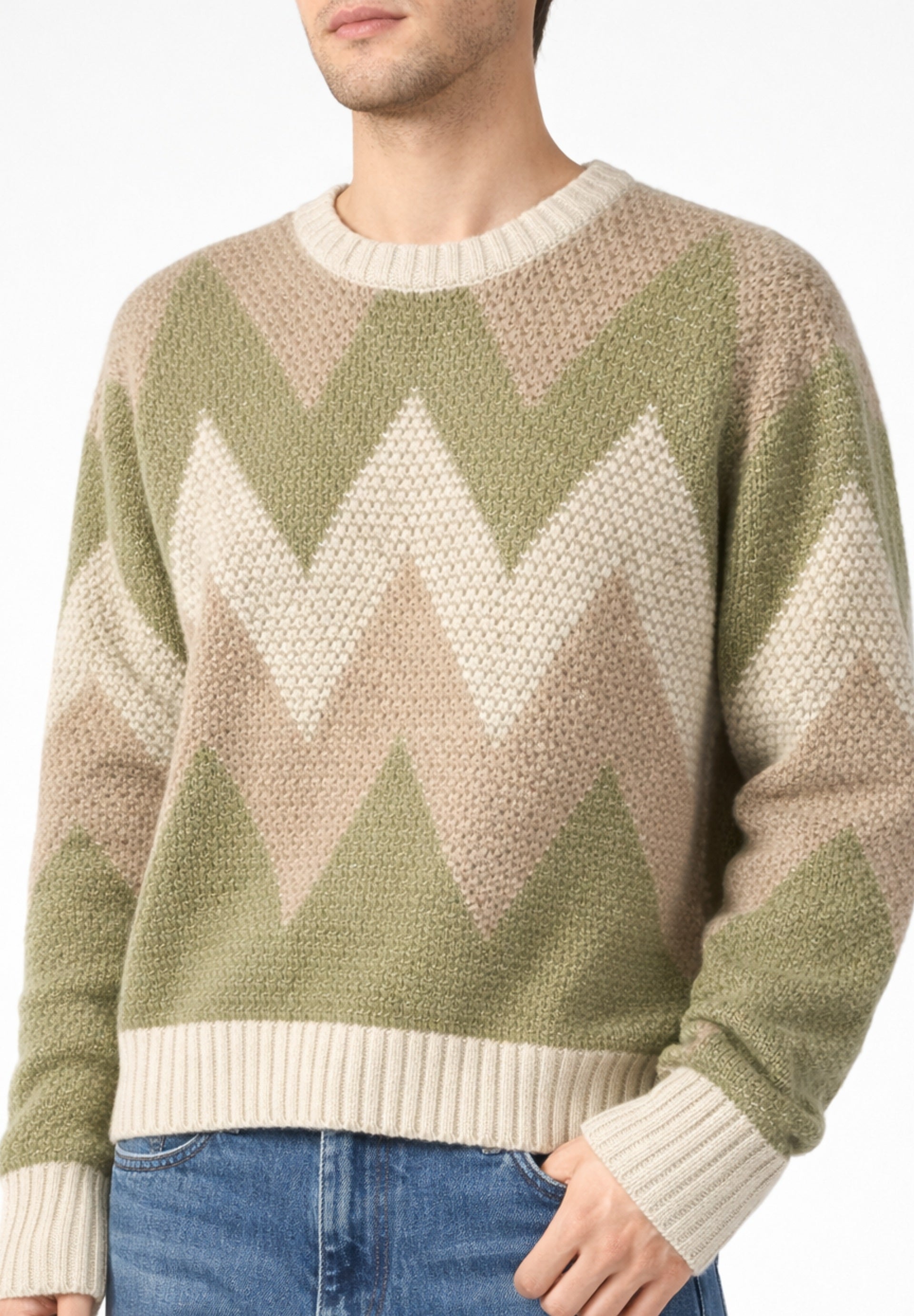 Cashmere Drop Stitch Intarsia Round Neck