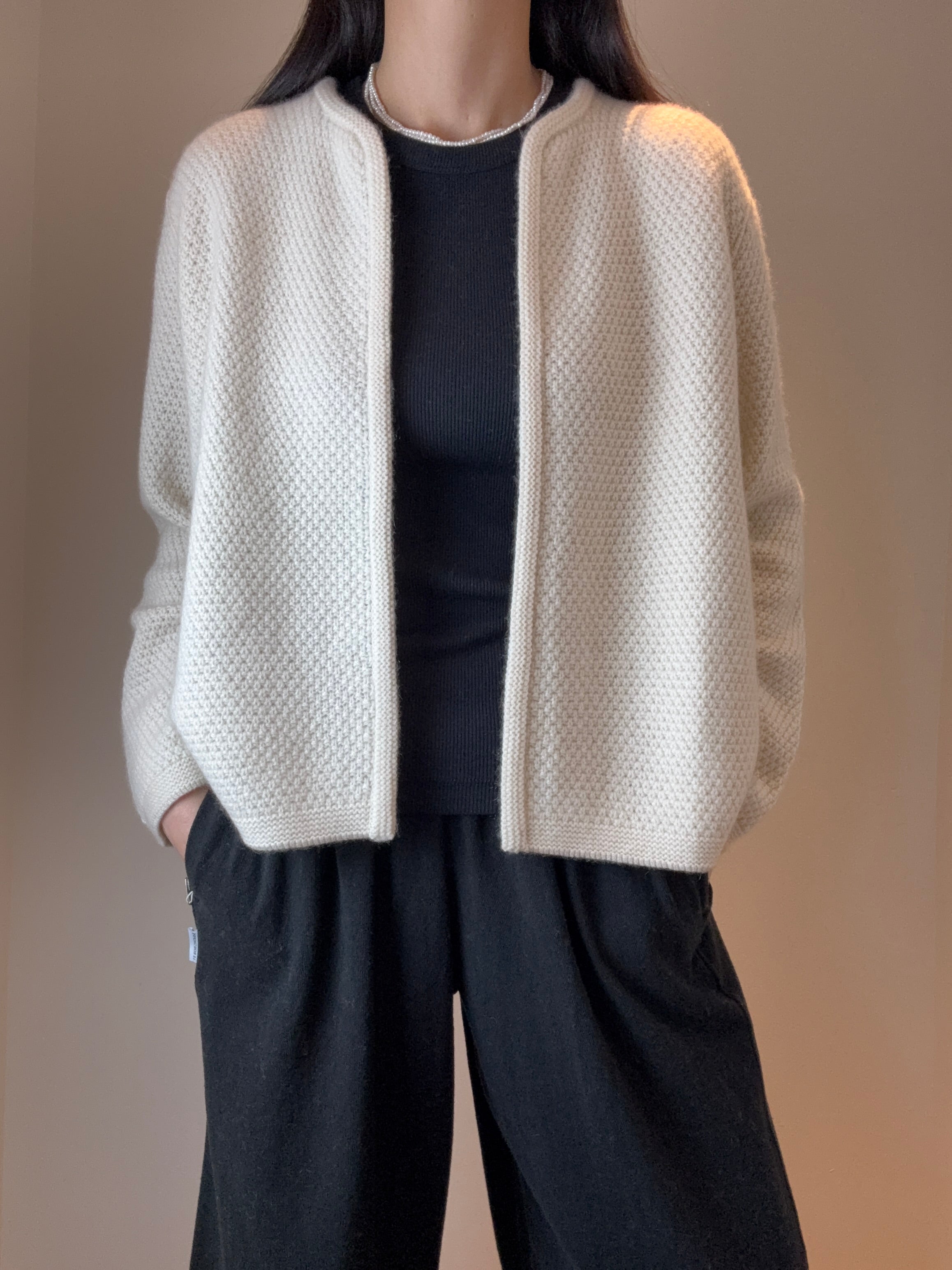 Cashmere Moss Stitch Round Neck Cardigan