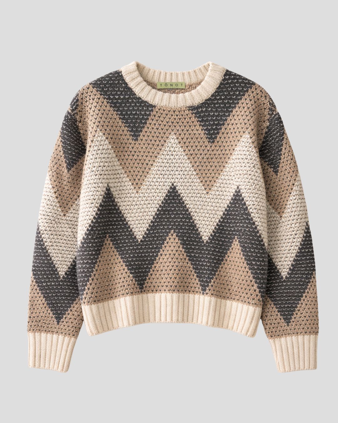 Cashmere Drop Stitch Intarsia Round Neck