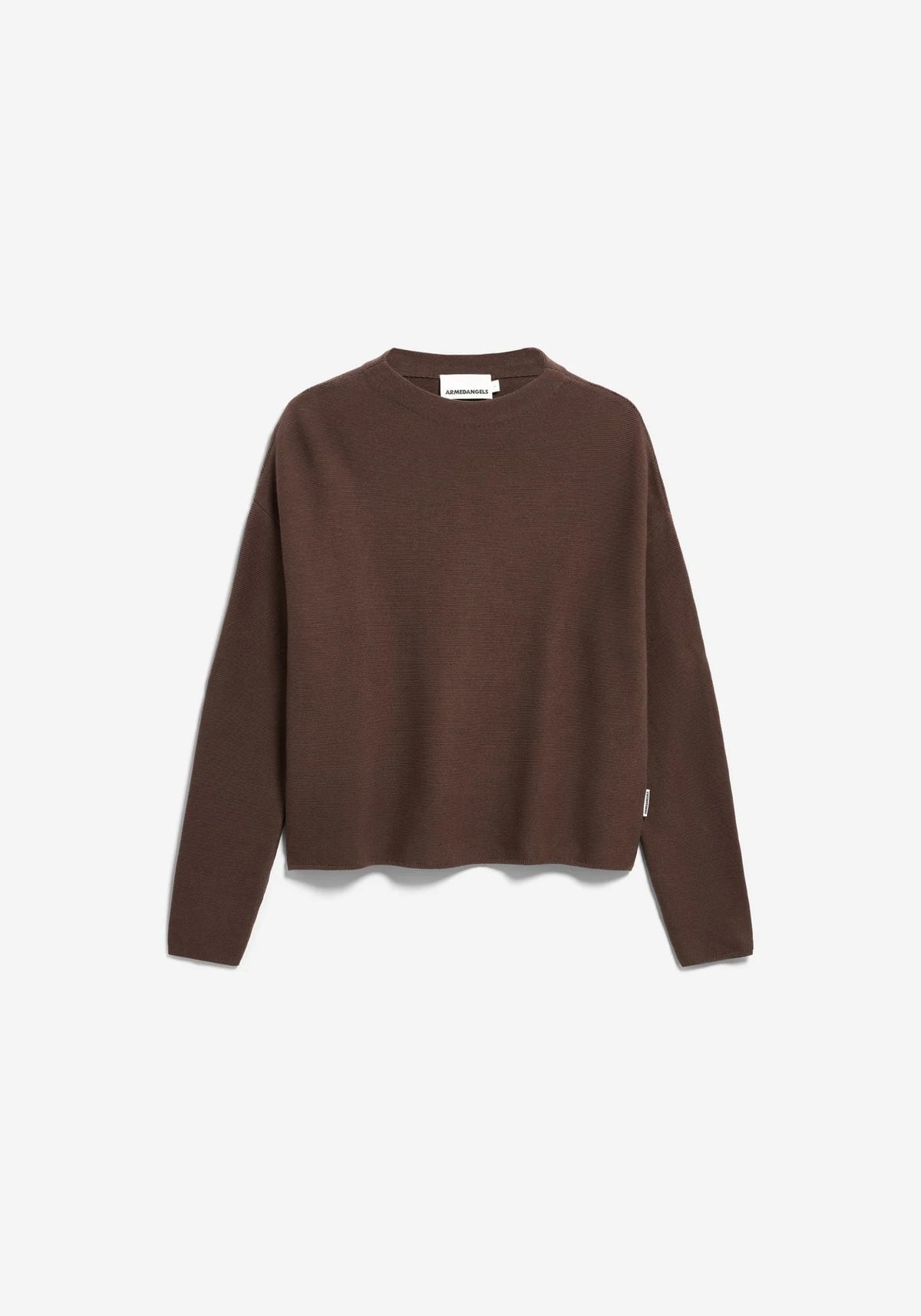 A dark brown long-sleeve knit sweater with a crew neck, displayed flat against a clean white background.