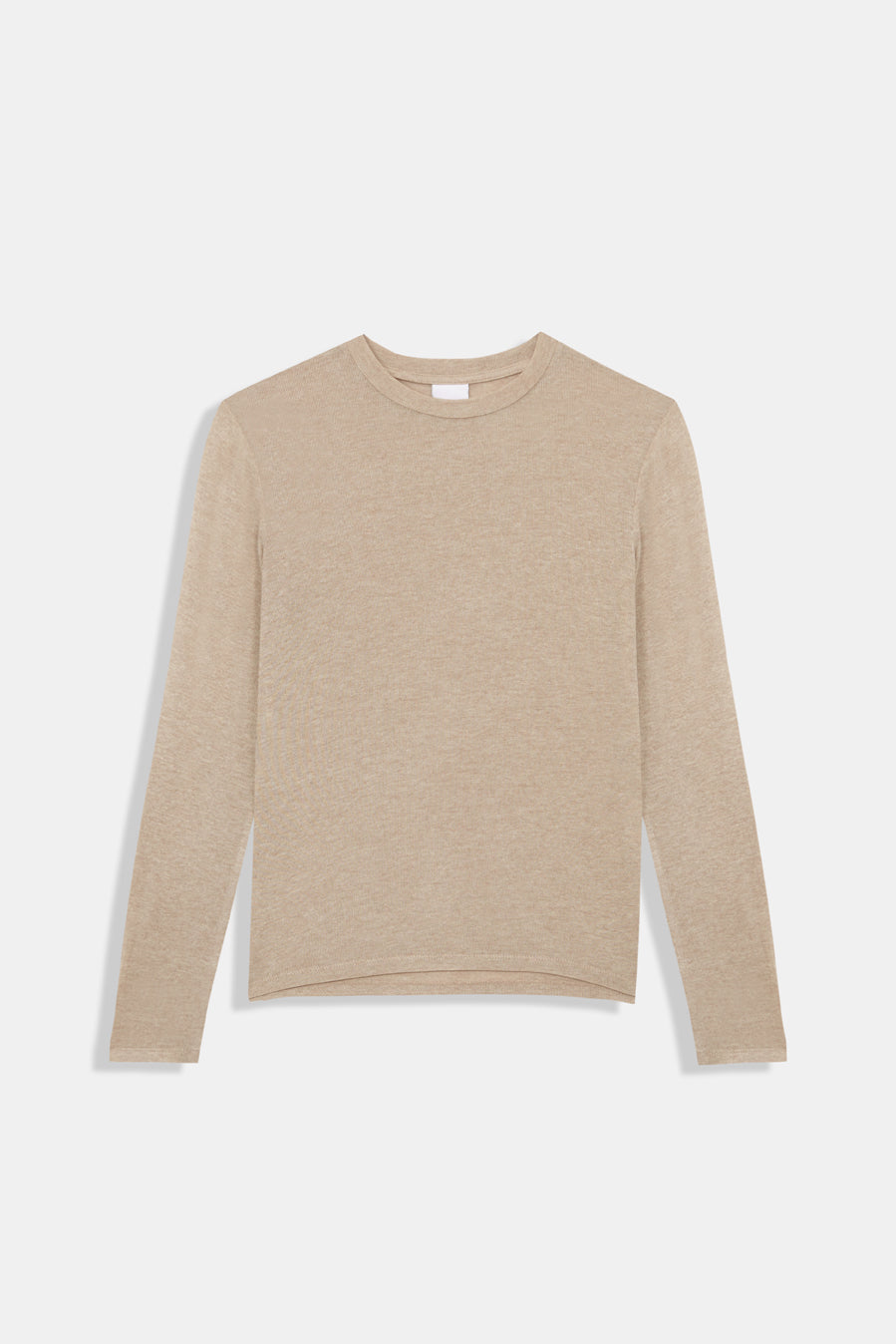 A long-sleeve crewneck knit sweater in a light beige or oatmeal color, presented flat against a light gray background.
