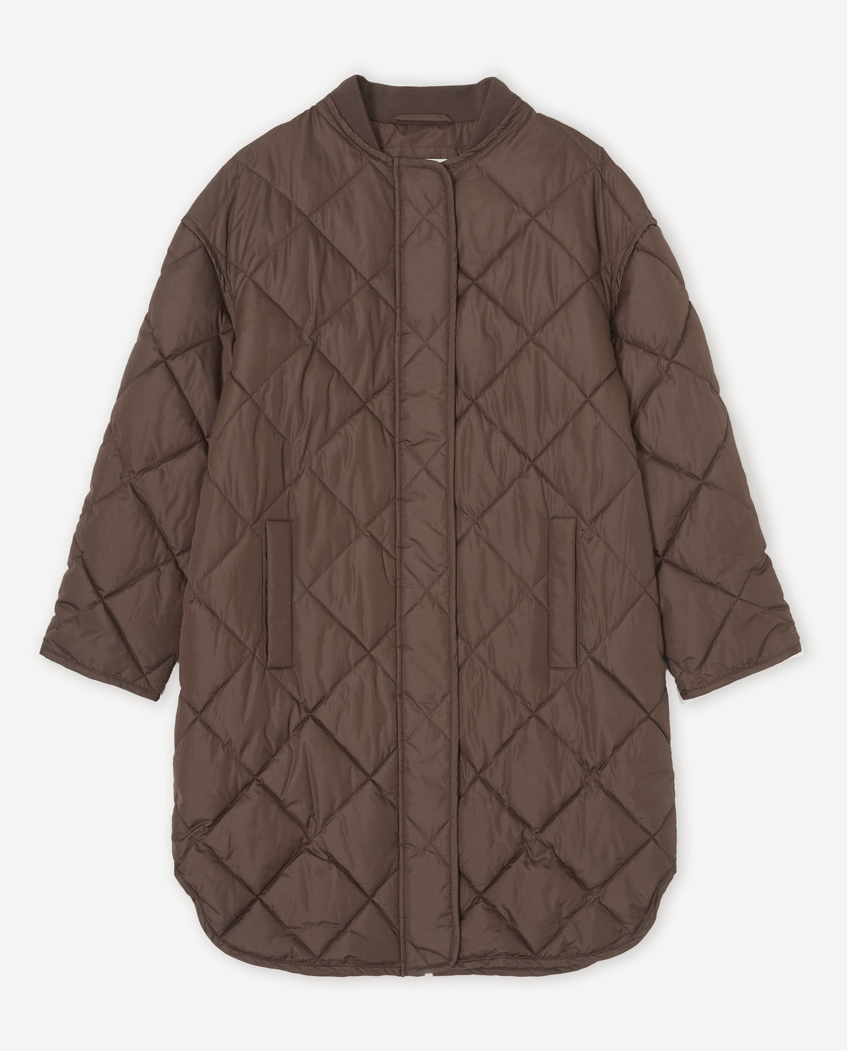 A brown diamond-quilted puffer jacket with a stand-up collar and front zipper, displayed flat against a light gray background.