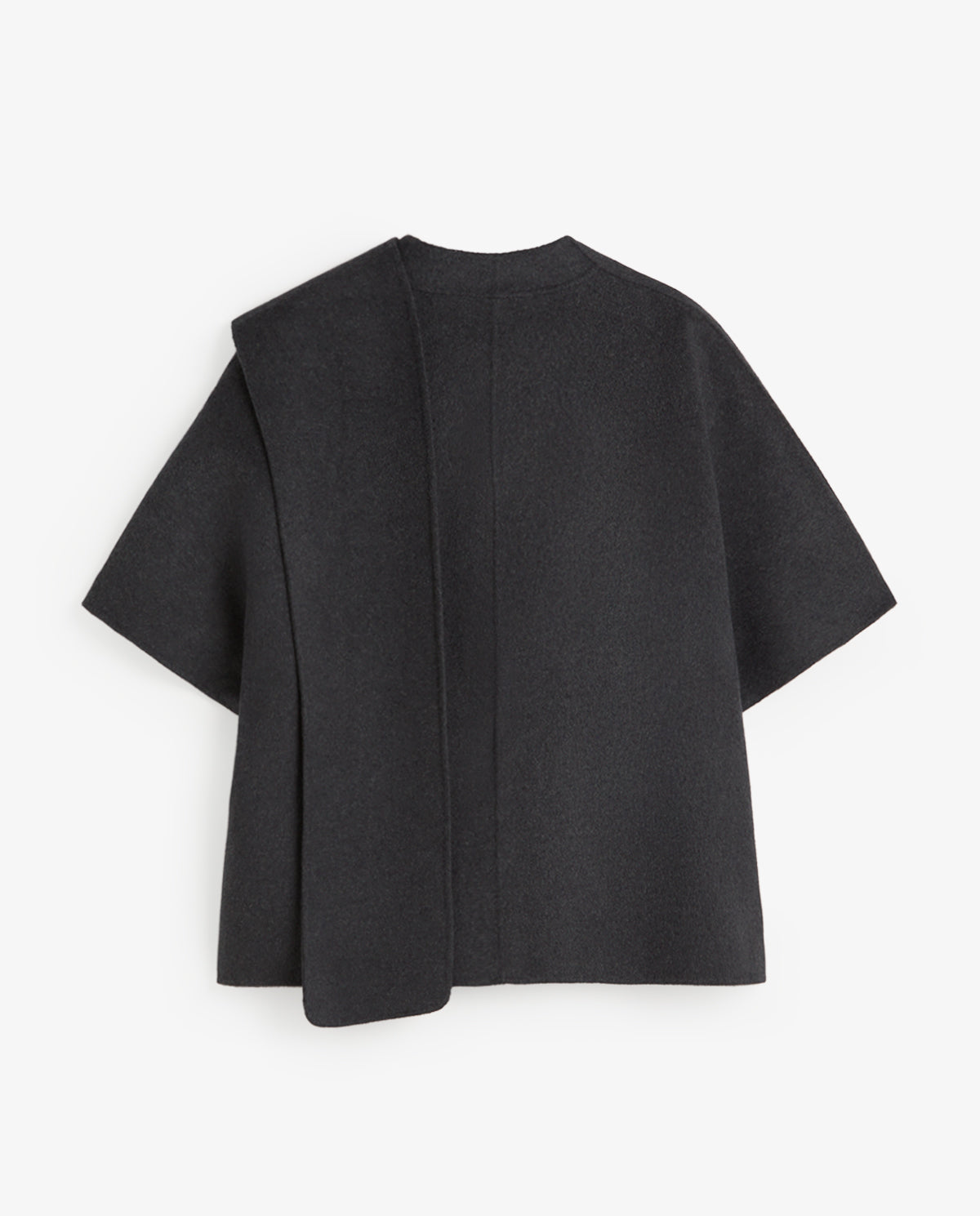 A dark charcoal gray cropped cape jacket with wide short sleeves and a draped asymmetrical front design, shown from the back against a plain white background.