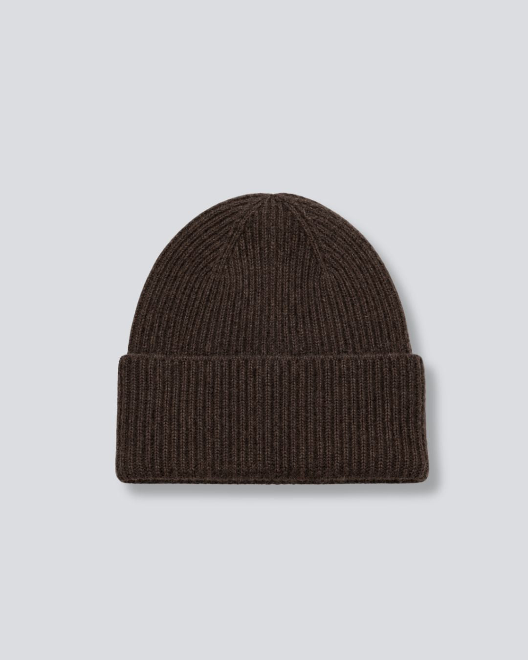 A dark brown ribbed knit beanie hat, shown flat against a light gray background.
