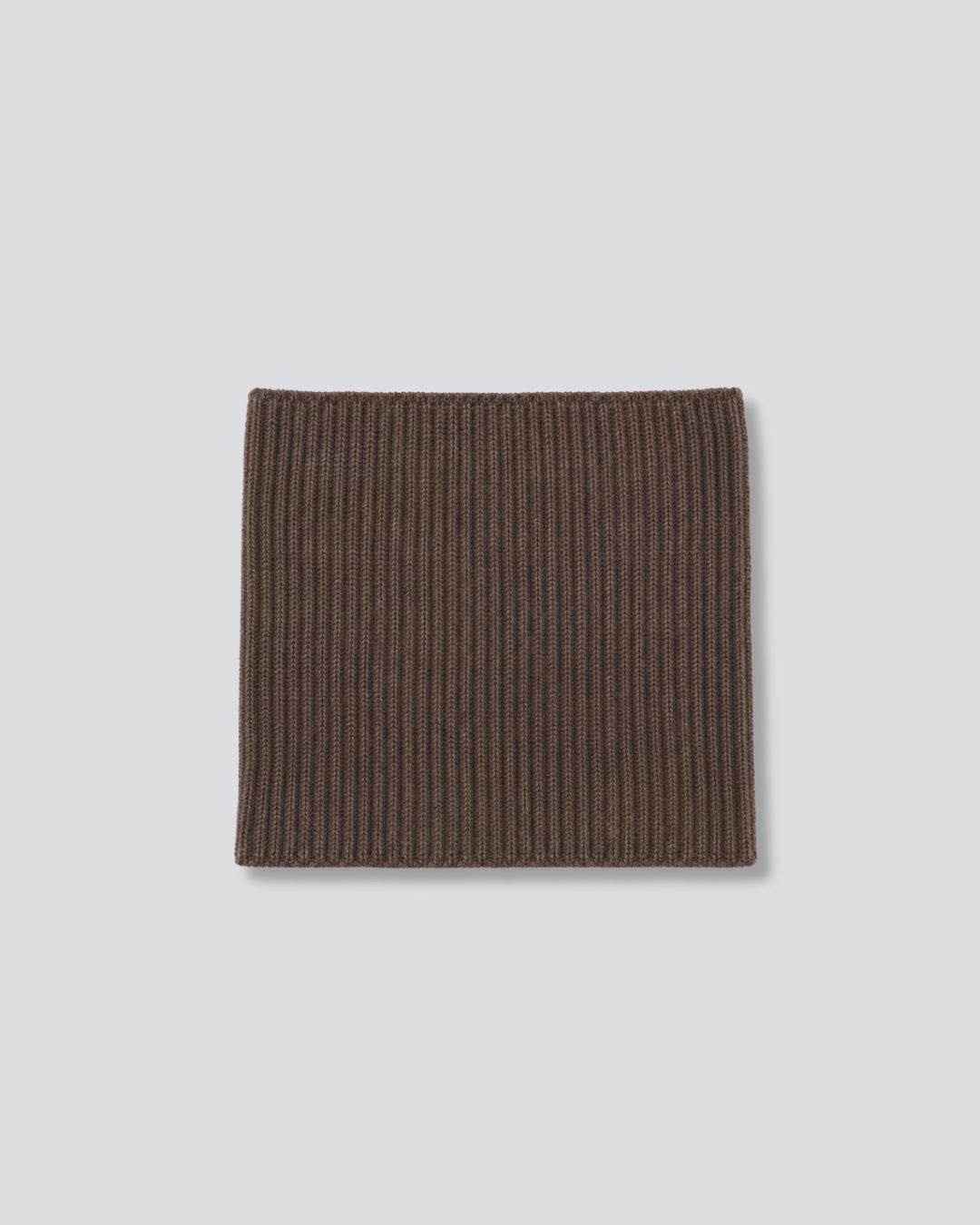 A dark brown ribbed knit neck warmer or balaclava shown flat against a light gray background.