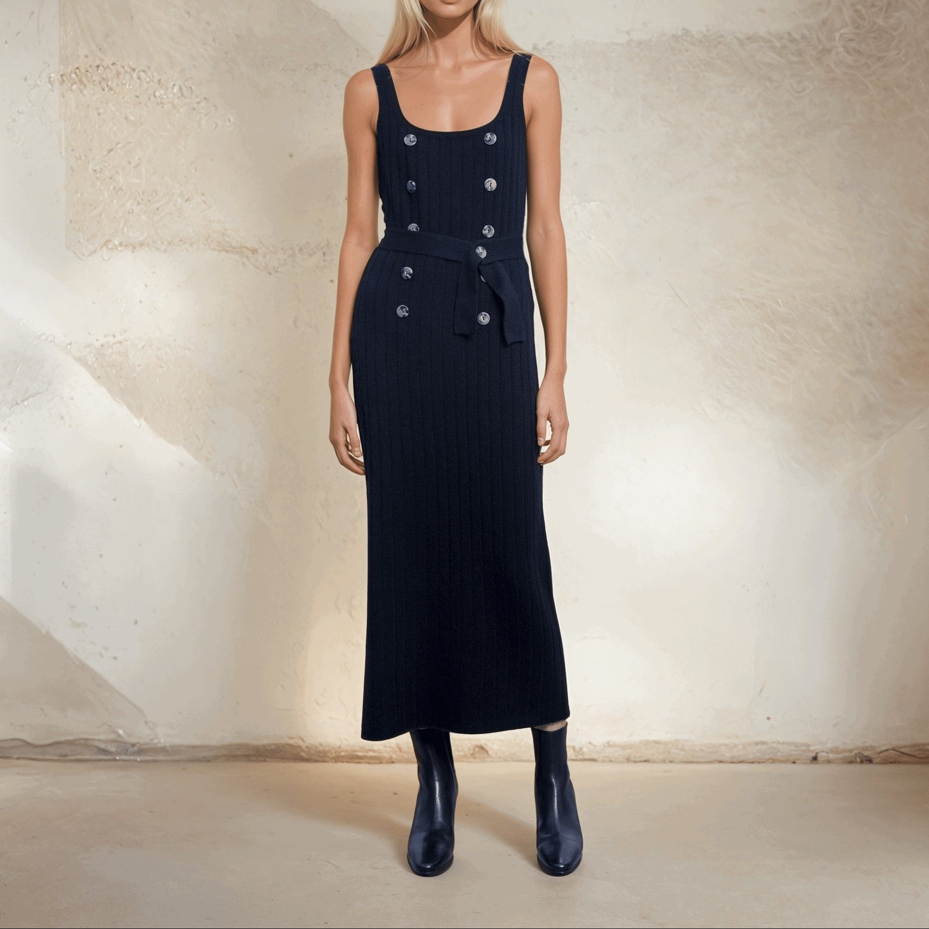 Cashmere Sleeveless Rib Knit long Dress in chalk in black.