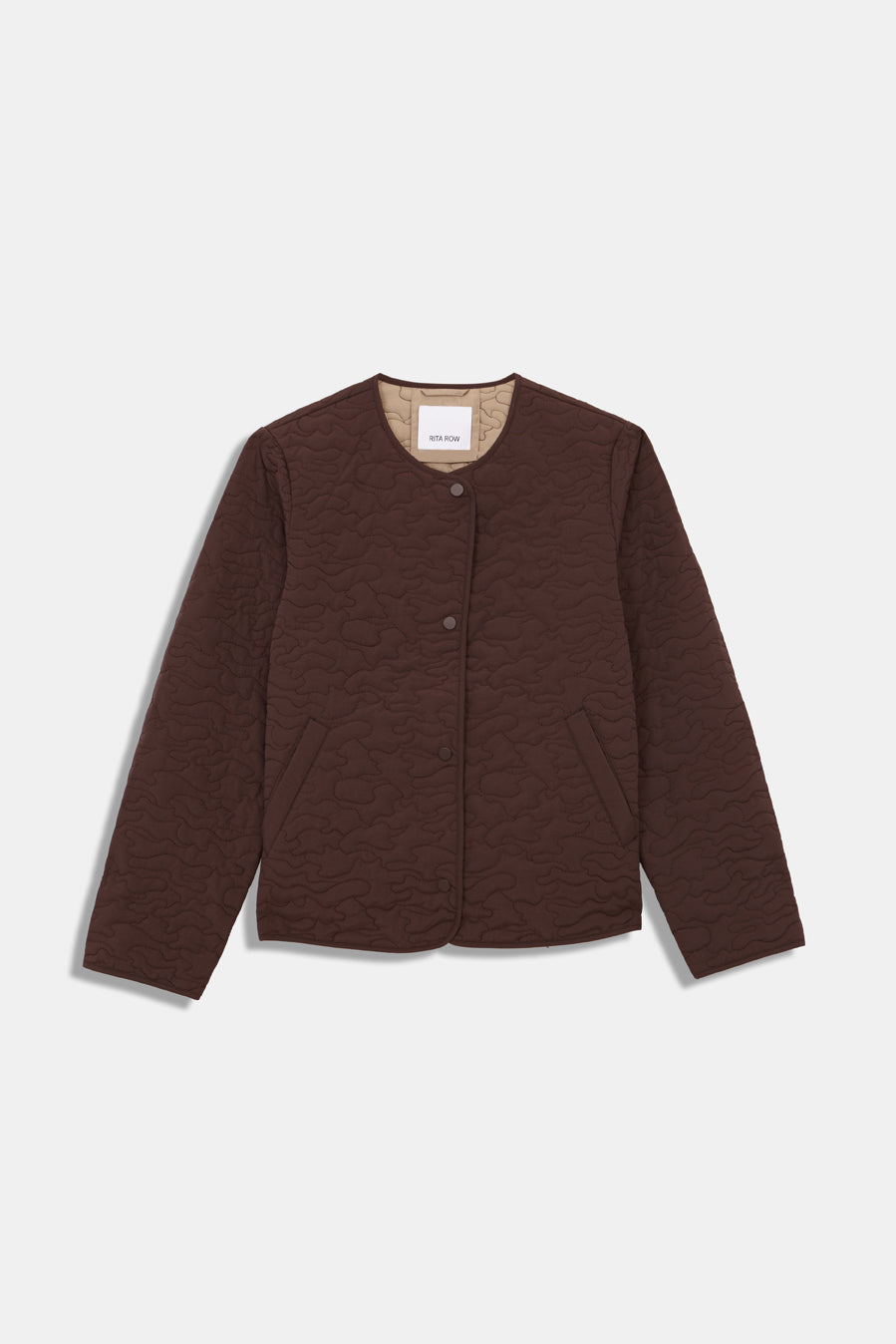 A dark brown textured quilted jacket with a button closure and side pockets, displayed flat against a light gray background.
