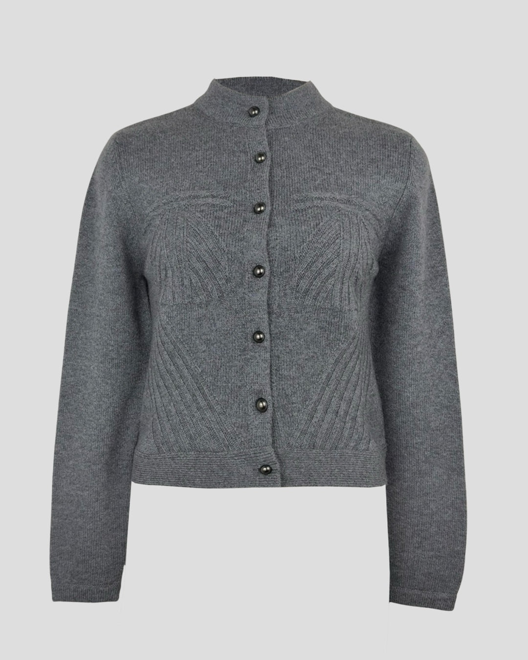 Gray crop-length cashmere cardigan with button closure and textured stitch details on the front and sleeves.