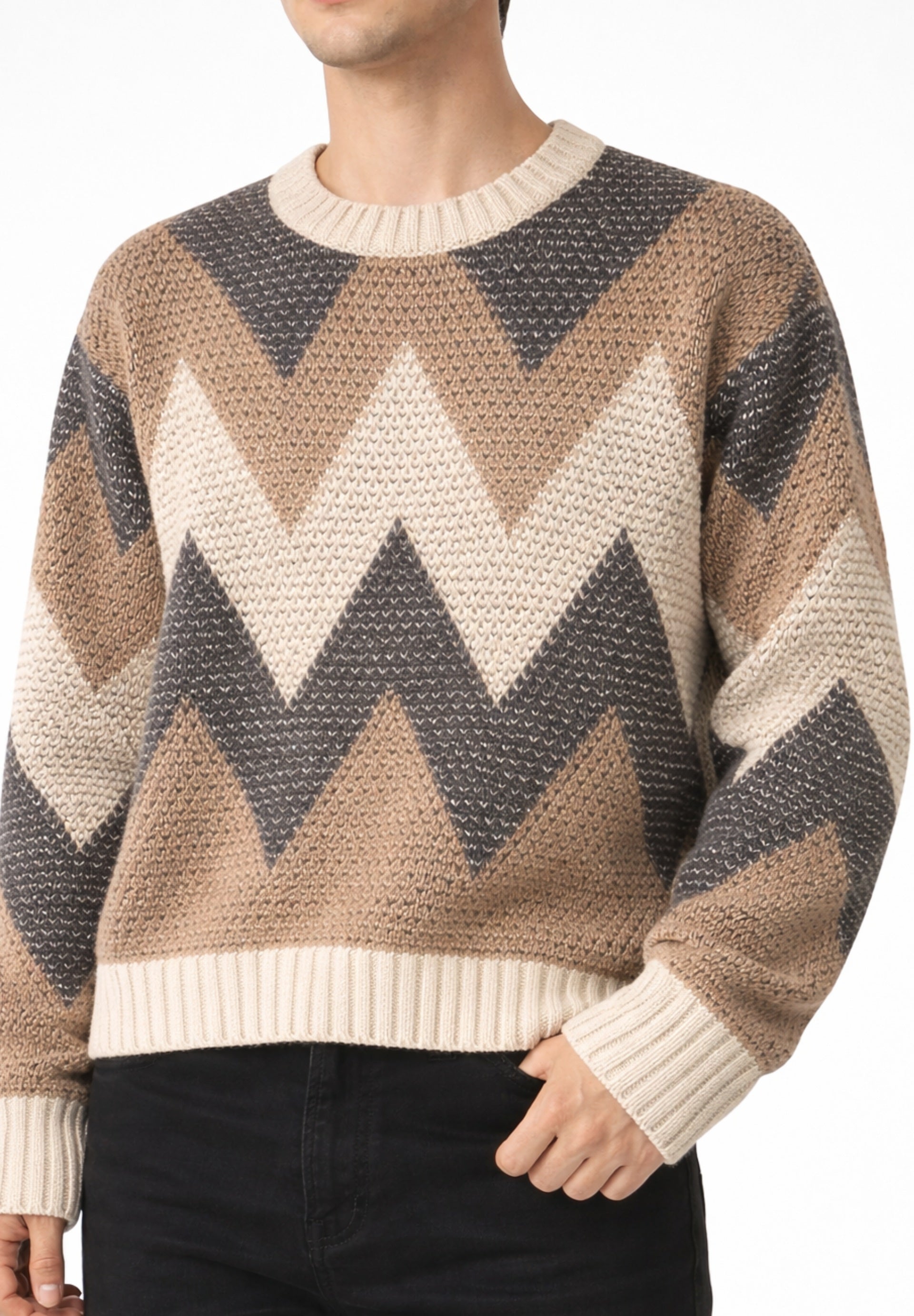 Cashmere Drop Stitch Intarsia Round Neck