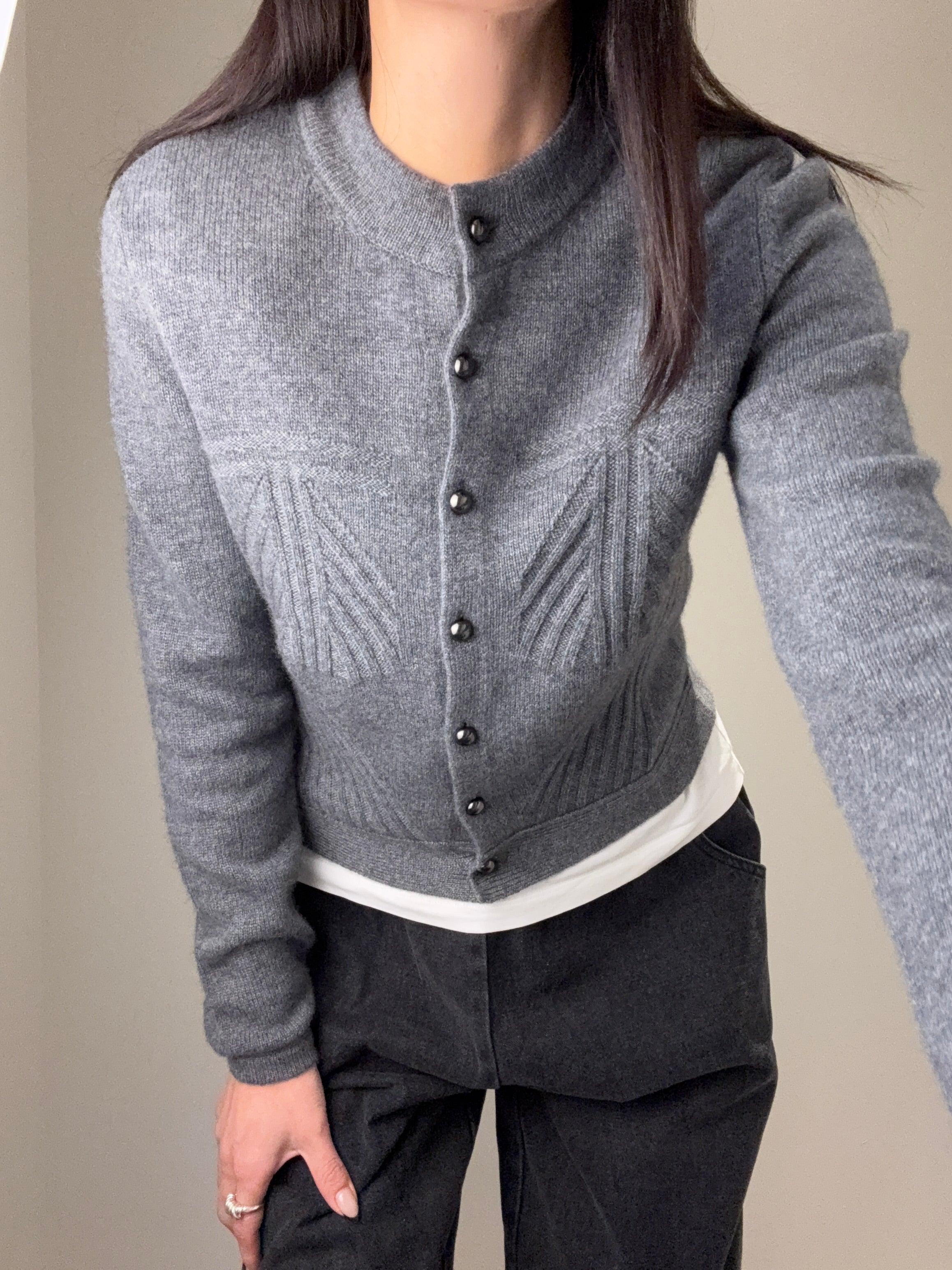 Shift Stitch Crop Button Cashmere Cardigan