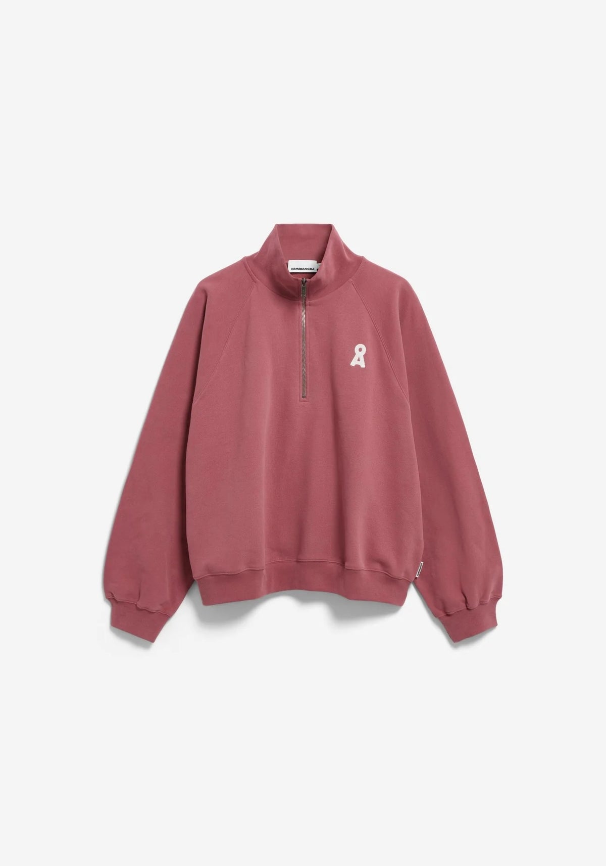 A dusty rose quarter-zip sweatshirt with a small white embroidered letter 'R' on the left chest, displayed on a clean white background.