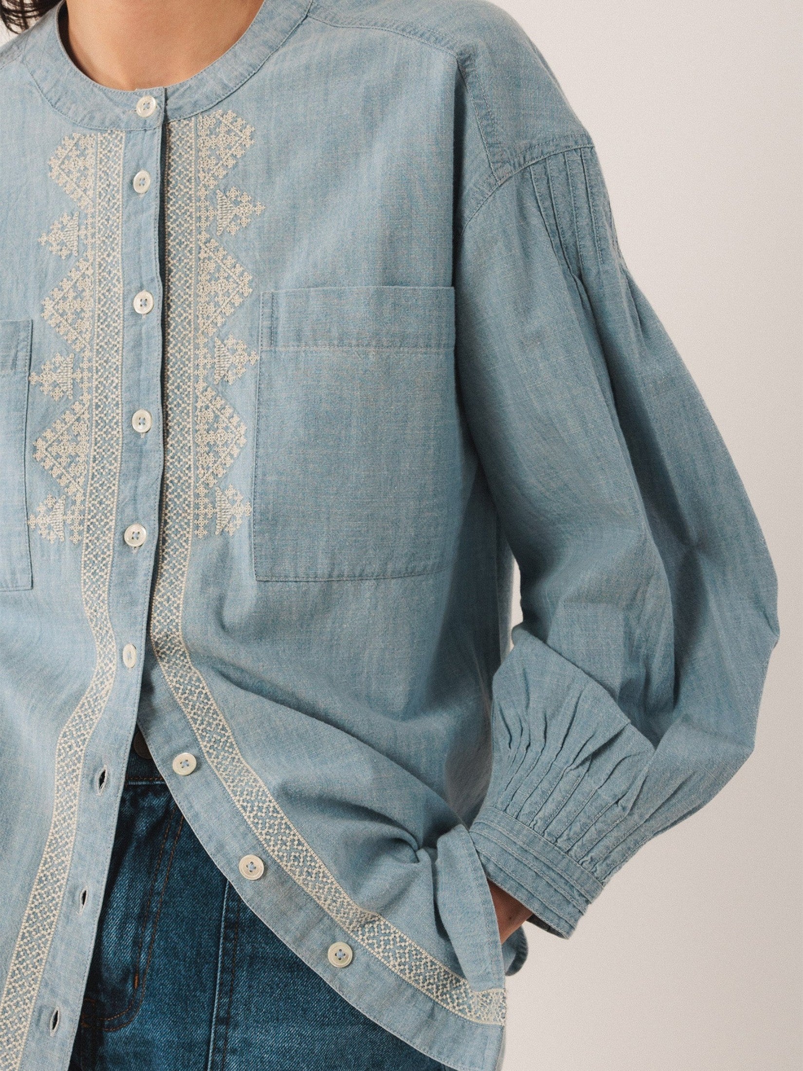 Collarless Denim Shirt