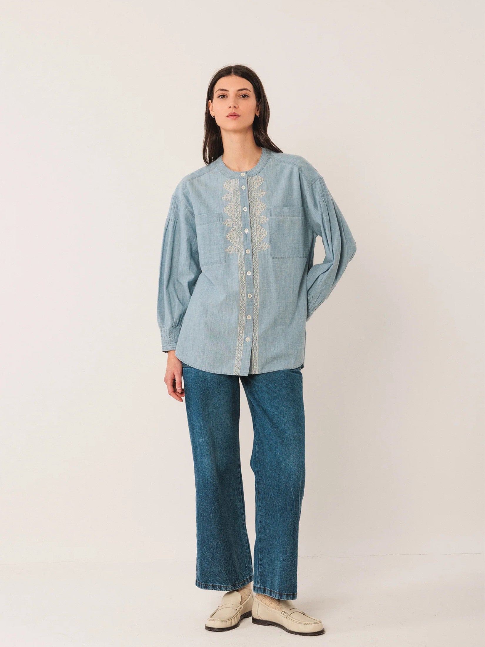 Collarless Denim Shirt