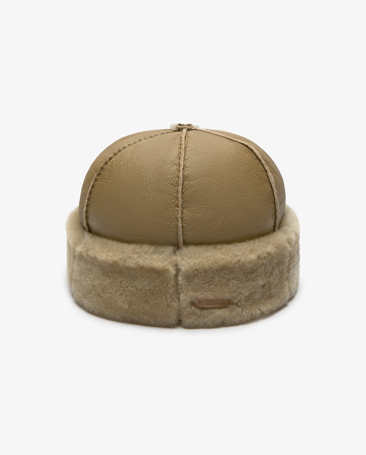 A tan leather and shearling winter cap shown from the back against a plain white background.