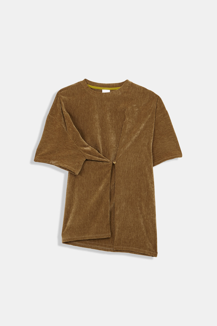 Brown t-shirt with a knot detail on a white background