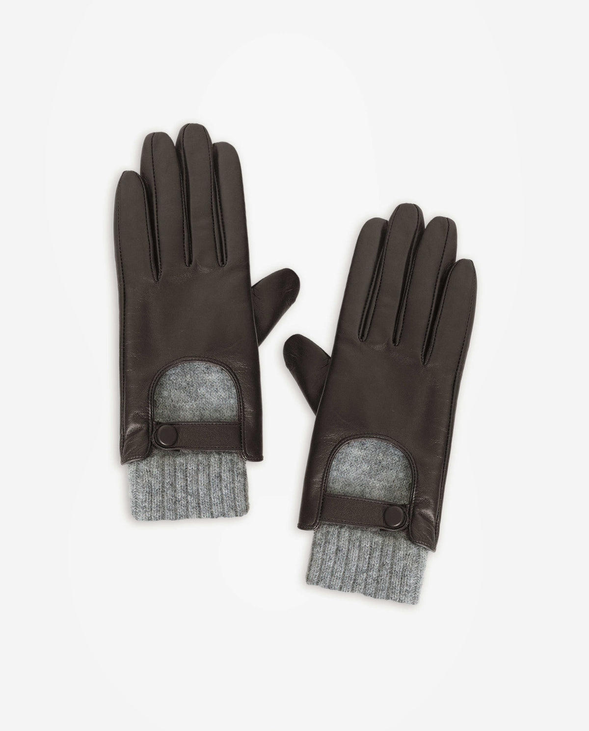 A pair of dark brown leather gloves with light gray ribbed knit cuffs and adjustable strap closures, displayed flat against a light gray background.