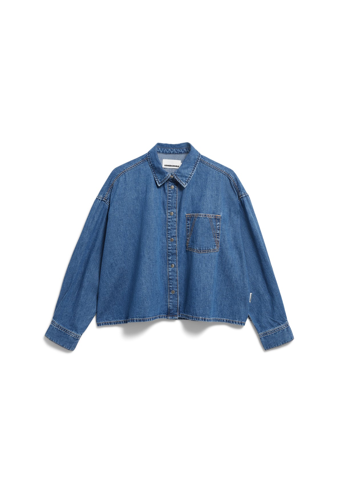 A cropped blue denim shirt jacket with a single chest pocket, laid flat against a white background.