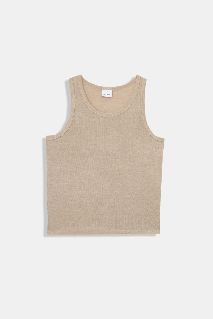 A sleeveless beige knit tank top with a crew neck, laid flat against a light gray background.