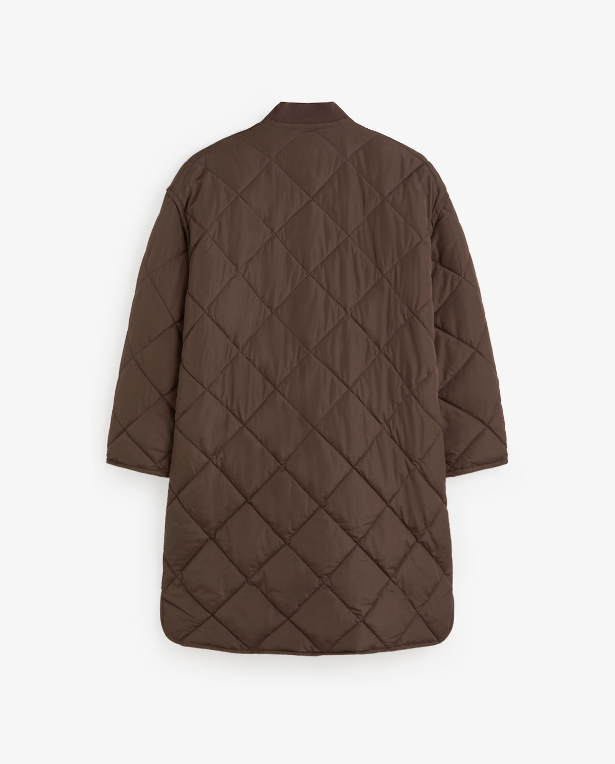 A dark brown quilted jacket with a diamond pattern, shown from the back against a light gray background.