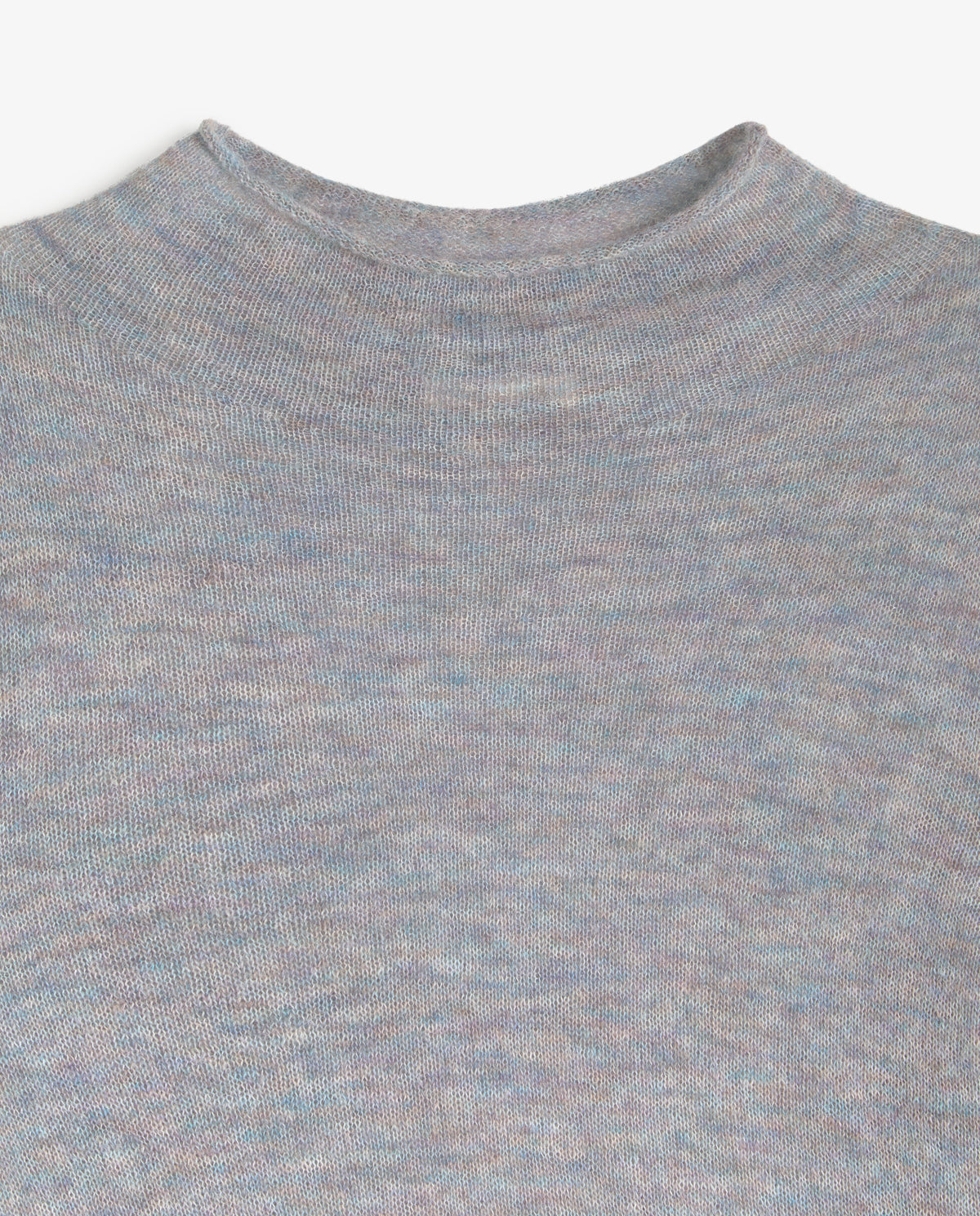 Close-up of a fine-knit sweater or turtleneck in a heathered gray fabric with subtle blue and beige flecks, showing the ribbed collar against a light background.