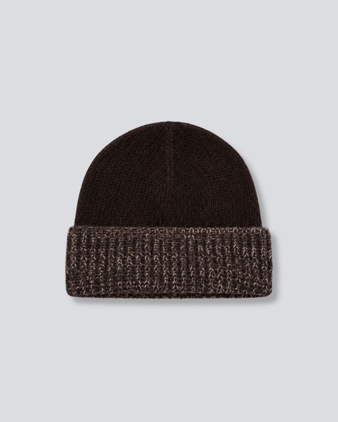 A dark brown knit beanie hat with a ribbed textured cuff, shown flat against a light gray background.