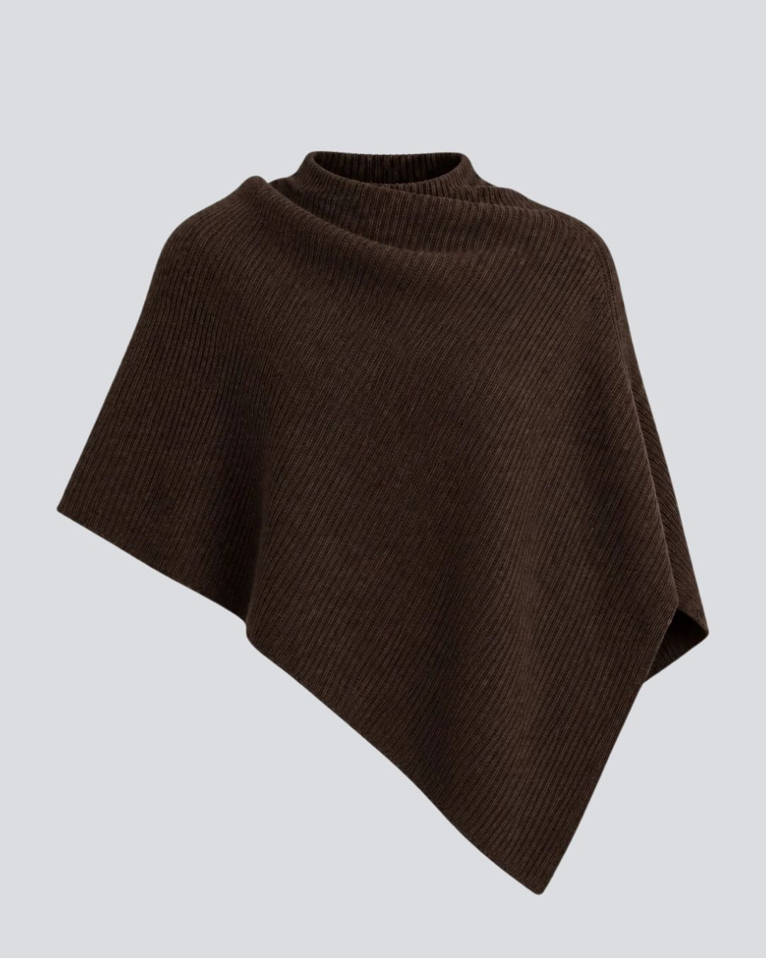 A dark brown ribbed knit poncho sweater with a mock neck, displayed on a solid light gray background.