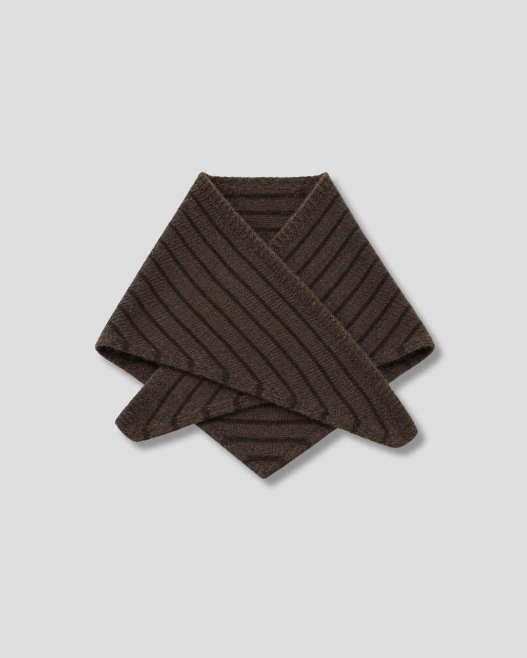 A dark brown ribbed knit scarf folded neatly on a light gray background.